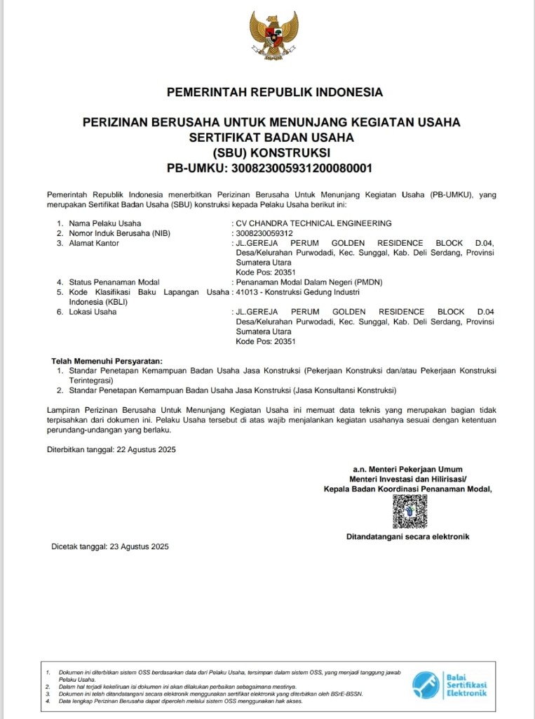 SBU Konstruksi — Sertifikat Badan Usaha (Diterbitkan 22 Agustus 2025)