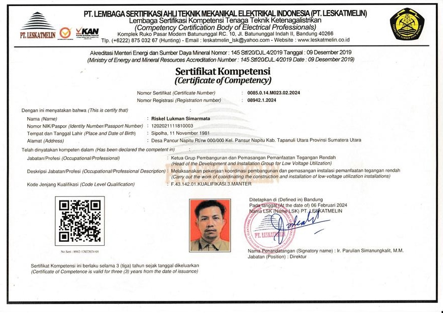 Sertifikat Kompetensi certificate page 1 of 2 - CV. Chandra Technical Engineering certification document
