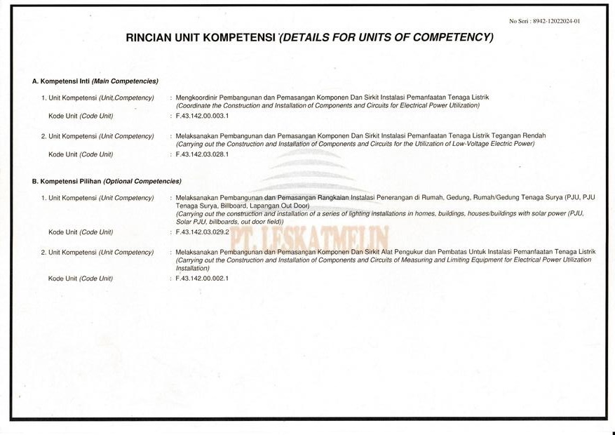 Sertifikat Kompetensi certificate page 2 of 2 - CV. Chandra Technical Engineering certification document
