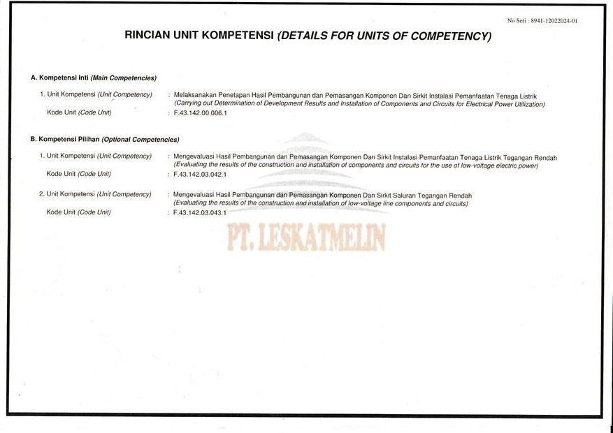 Sertifikat Kompetensi certificate page 2 of 2 - CV. Chandra Technical Engineering certification document